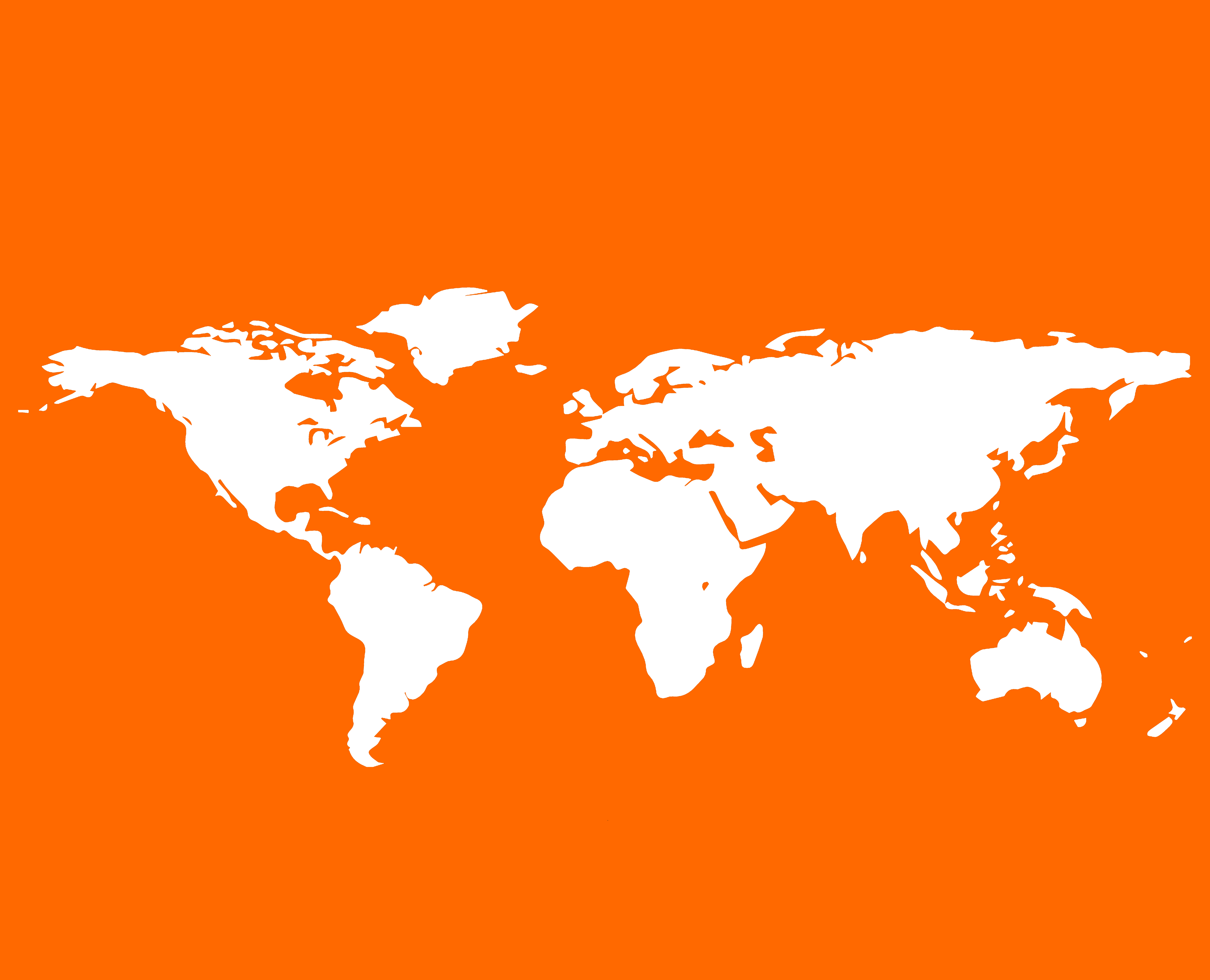 Silhouette of a world map in black on an orange background.